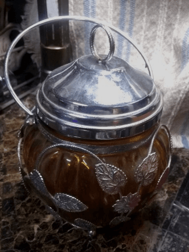 Vintage Cookie & Candy Biscuit Jar Musical Wind-Up Cyan Amber Glass Silver Vine - Image 1