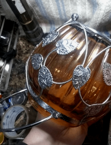 Vintage Cookie & Candy Biscuit Jar Musical Wind-Up Cyan Amber Glass Silver Vine - Thumbnail 3