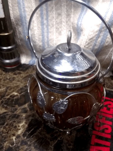 Vintage Cookie & Candy Biscuit Jar Musical Wind-Up Cyan Amber Glass Silver Vine - Thumbnail 4