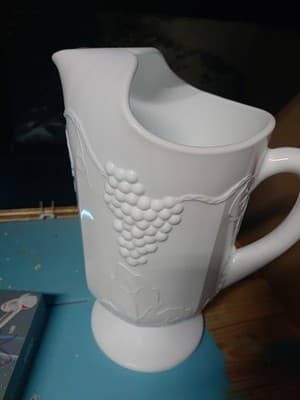 Indiana Colony Milk Glass White Harvest Grape with Pedestal Pitcher Heavy - Thumbnail 2