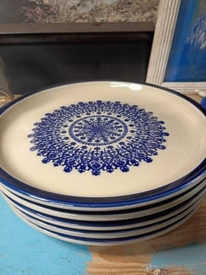 Set of 5 Blue & White Mandala Medallion Stoneware Dinner Plates 10.5" Boho - Thumbnail 4
