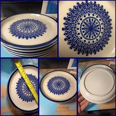 Set of 5 Blue & White Mandala Medallion Stoneware Dinner Plates 10.5" Boho - Image 1