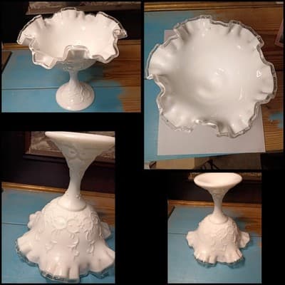 Large 8.5" Fenton Silver Crest Milk Glass Spanish Lace Fruit Bowl Ruffled Edge - Image 1