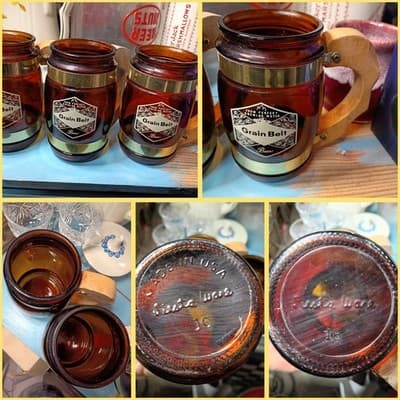 Vintage Siesta Ware Grain Belt Beer Amber Glass Mugs Wooden Handle Set of 3 - Image 1