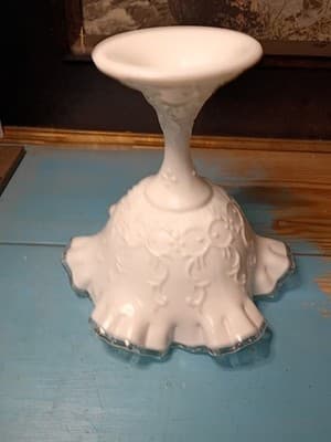 Large 8.5" Fenton Silver Crest Milk Glass Spanish Lace Fruit Bowl Ruffled Edge - Thumbnail 8