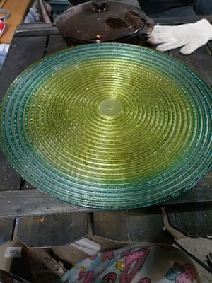 Vintage Footed Cake Plate Ringed Rib Clear Glass 13" x 4.5" Yello To Blue Color - Image 1