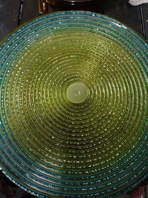 Vintage Footed Cake Plate Ringed Rib Clear Glass 13" x 4.5" Yello To Blue Color - Thumbnail 3