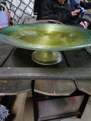 Vintage Footed Cake Plate Ringed Rib Clear Glass 13" x 4.5" Yello To Blue Color - Thumbnail 2