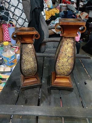 Pair of Vintage-Style Wood and Gold Crackle Pillar Candle Holders - Image 1