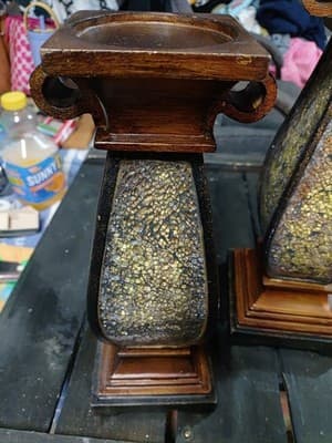 Pair of Vintage-Style Wood and Gold Crackle Pillar Candle Holders - Thumbnail 2