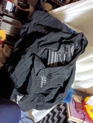 Harley Davidson Mens Embroidered Mechanic Shirt Black Grey Striped Button Up XL. - Image 1