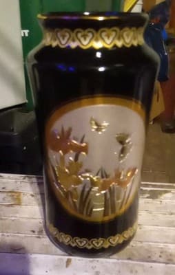 Beautiful Vintage Floral, Butterflies Design Black Vase 6.25" - Image 1