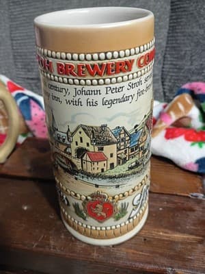 Vintage Stroh Brewery Co. Beer Stein by Ceramarte Brazil - Embossed German Scene - Thumbnail 3