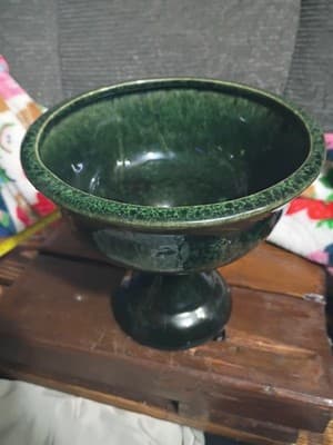Vintage Mid-Century Modern Green Drip Glaze Pedestal Compote Bowl Art Pottery - Image 1