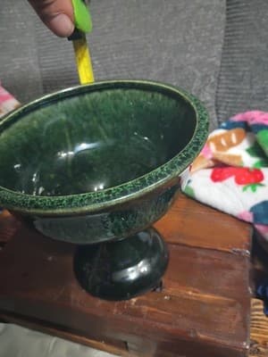 Vintage Mid-Century Modern Green Drip Glaze Pedestal Compote Bowl Art Pottery - Thumbnail 3