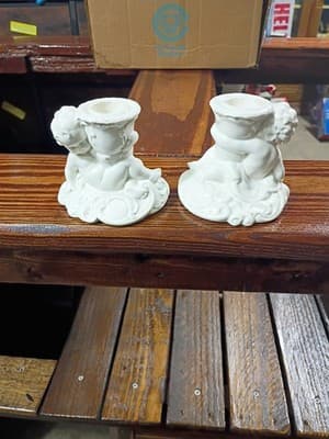 Pair Vintage German Bisque Porcelain Baby Figurine Candlestick Holders - 6263 - Image 1