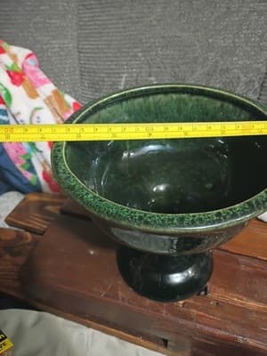 Vintage Mid-Century Modern Green Drip Glaze Pedestal Compote Bowl Art Pottery - Thumbnail 2