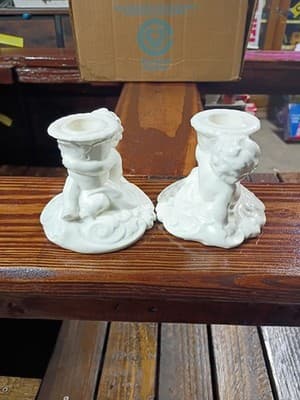 Pair Vintage German Bisque Porcelain Baby Figurine Candlestick Holders - 6263 - Thumbnail 5