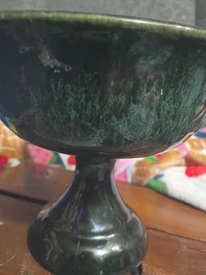 Vintage Mid-Century Modern Green Drip Glaze Pedestal Compote Bowl Art Pottery - Thumbnail 7