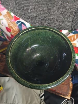 Vintage Mid-Century Modern Green Drip Glaze Pedestal Compote Bowl Art Pottery - Thumbnail 4