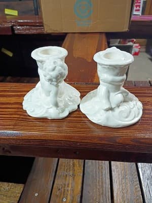 Pair Vintage German Bisque Porcelain Baby Figurine Candlestick Holders - 6263 - Thumbnail 2