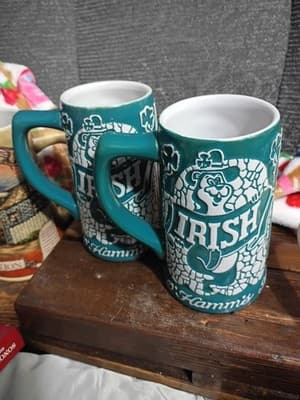 Set of 2 Vintage Hamm's Beer "Bless the Irish" Steins - Ceramarte Brazil - Teal - Thumbnail 5