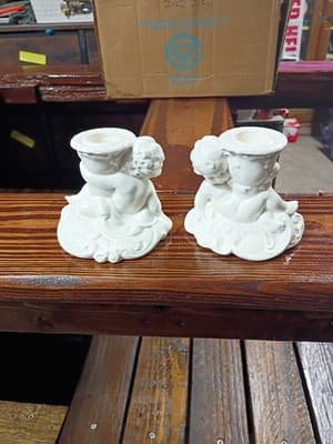 Pair Vintage German Bisque Porcelain Baby Figurine Candlestick Holders - 6263 - Thumbnail 4