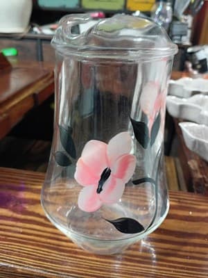 Vintage Gay Fad Studios Hand Painted Pink Poppy Glass Pitcher - 8" MCM Ice Lip - Thumbnail 3