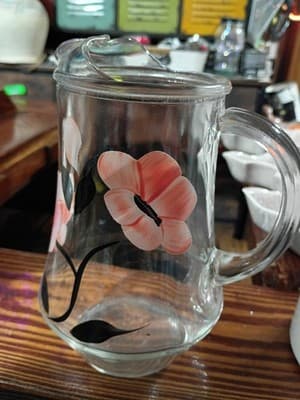 Vintage Gay Fad Studios Hand Painted Pink Poppy Glass Pitcher - 8" MCM Ice Lip - Thumbnail 6