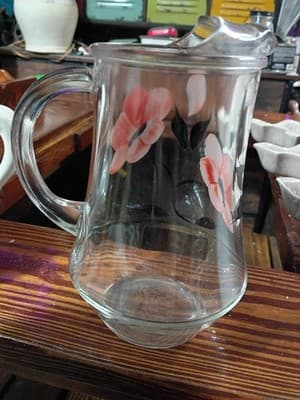 Vintage Gay Fad Studios Hand Painted Pink Poppy Glass Pitcher - 8" MCM Ice Lip - Thumbnail 5
