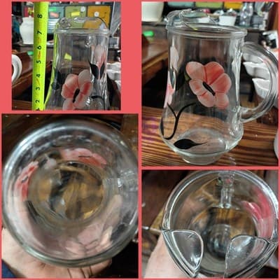 Vintage Gay Fad Studios Hand Painted Pink Poppy Glass Pitcher - 8" MCM Ice Lip - Image 1