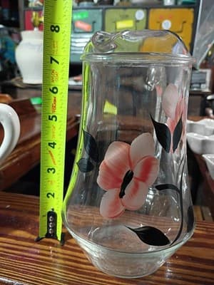 Vintage Gay Fad Studios Hand Painted Pink Poppy Glass Pitcher - 8" MCM Ice Lip - Thumbnail 2