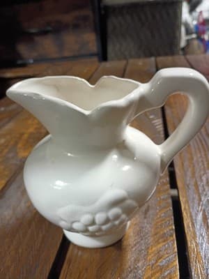 Vintage White Ceramic Grape Pitcher - Embossed Clusters Scalloped Rim Farmhouse - Thumbnail 4