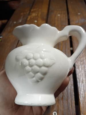 Vintage White Ceramic Grape Pitcher - Embossed Clusters Scalloped Rim Farmhouse - Thumbnail 5