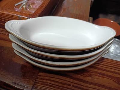 Set of 4 Vintage Hall China DC627 Brown & White Individual Au Gratin Bakers 9”1 - Thumbnail 11