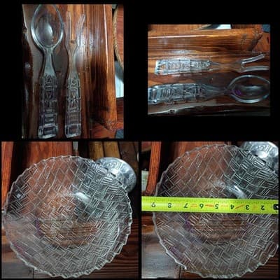 Vintage 3-Piece Glass Salad Set: 9" Basket Weave Bowl & 10" Column Handle... - Image 1