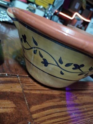 Vintage A.S. Portugal Hand-Painted Handled Serving Bowl Blue Floral Terracotta - Thumbnail 6