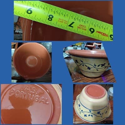 Vintage A.S. Portugal Hand-Painted Handled Serving Bowl Blue Floral Terracotta - Image 1