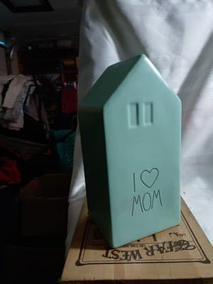 Rae Dunn Turquoise Ceramic House Flower Vase I Love MOM - Image 1