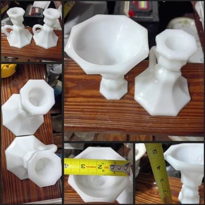 Vintage Milk Glass Octagonal Console Set - Footed Compote Dish & Pair of Finger - Image 1