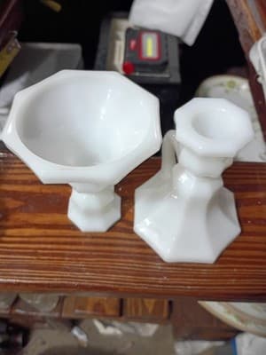 Vintage Milk Glass Octagonal Console Set - Footed Compote Dish & Pair of Finger - Thumbnail 6