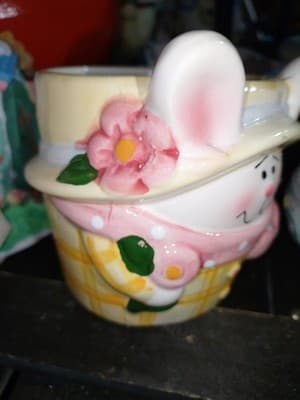 Vintage Style Ceramic Easter Bunny Cup Planter Tiered Tray Decor - Thumbnail 2