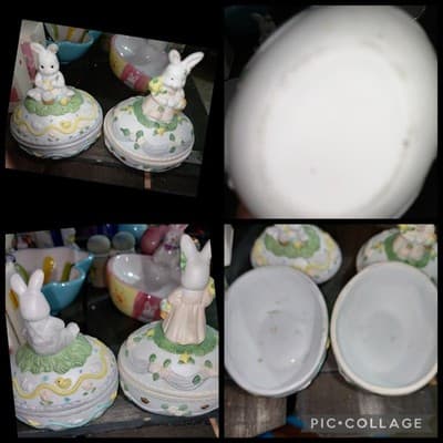 VINTAGE Ceramic Easter Bunny Rabbit Trinket Boxes Covered Dishes (PAIR OF 2)... - Image 1