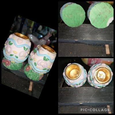 VTG Hand Painted Ceramic Easter Egg Mini Candle Holders Set of 2 (Chip on 1... - Image 1