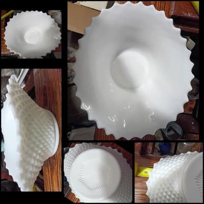 Vintage Fenton White Milk Glass Hobnail Bowl 10" Sawtooth Edge Sunburst - Image 1