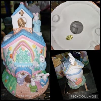 Vintage Easter Expressions Porcelain Bunny Church House Figurine Village - Image 1