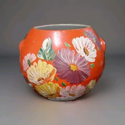 Vintage Cookie Jar Ransburg Orange Flowered Ball Stoneware Crock Hand Painted - Thumbnail 2