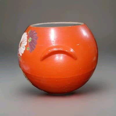 Vintage Cookie Jar Ransburg Orange Flowered Ball Stoneware Crock Hand Painted - Thumbnail 6