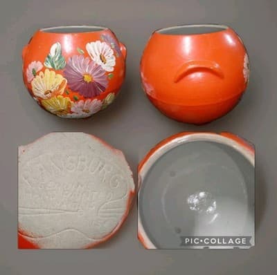 Vintage Cookie Jar Ransburg Orange Flowered Ball Stoneware Crock Hand Painted - Image 1