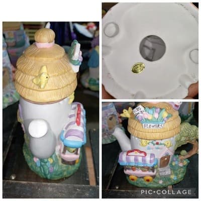 Vintage Easter Village Teapot House Figurine Violets Flowers Hand Painted... - Image 1